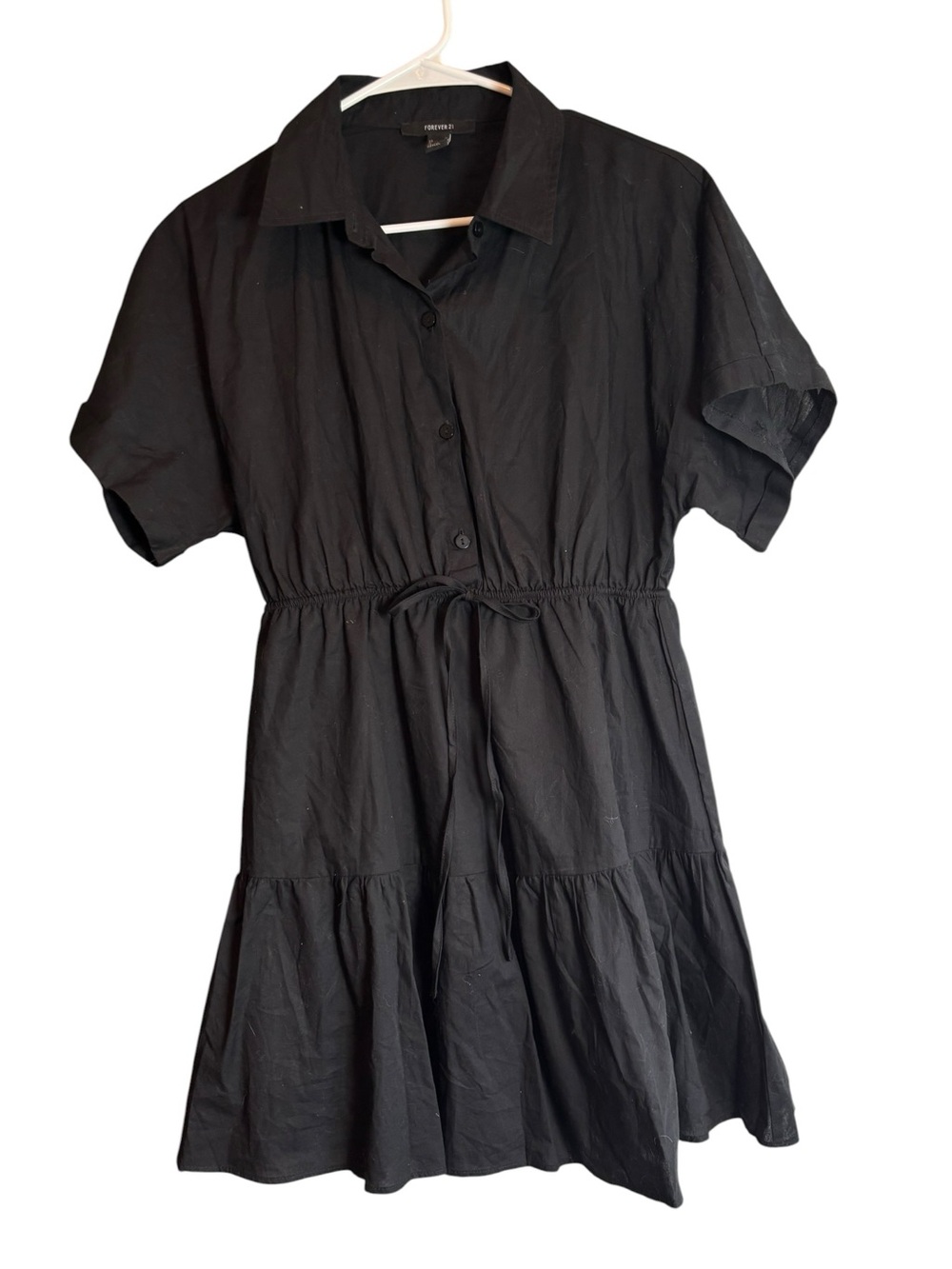 Forever 21 Black Collared Button Front Tiered Mini Dress Size M 100% Cotton